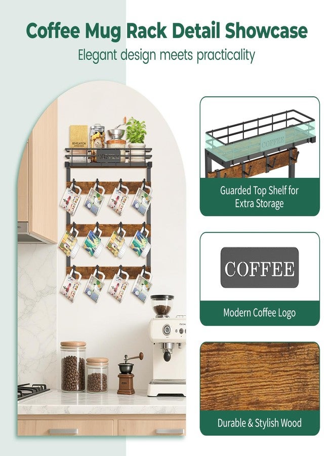 EsLuker.ly Coffee Mug Holder Wall Mounted Display Rack, Black Metal Cup Hanger Organizer with 12 Movable Plastic Hooks, Wood Rustic Shelf for Coffee Bar Home Kitchen, Thoughtful Wall Storage - Image 5
